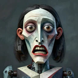 a highly detailed expressionist portrait of a psychopath 😵😑 with crazy eyes and big mouth, picasso, rene magritte, e. a. seguy, artgerm, concept art, sharp angles, robot, octane render, 8 k, unreal engine