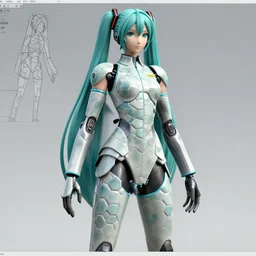 CAD assembly diagram of a realistic android bodyguard modeled after Hatsune Miku and with slender body type and prominent ceramic hex tile armor plates, solidworks, catia, autodesk inventor, unreal engine, hyperdetailed composite gynoid cad design inspired by Masamune Shirow and Tsutomu Nihei and Ross Tran