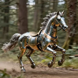 action photography, award winning macro photo of an ultra ultra detailed intricate steampunk robotic shiny horse running very very fast in a forest fast shutter speed, motion blur, tiny gaussian blur, highly definition, depth of field