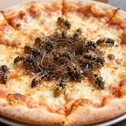 a close up shot of a new york style pizza with a nest of yellow and black wasps on top, extremely realistic, very crisp details, photo realistic, trending on instagram, soft colors
