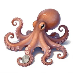 A large octopus holds a small silver coin in its tentacles, a silver coin in the paws of an octopus, trending on artstation, 30mm, by Noah Bradley
