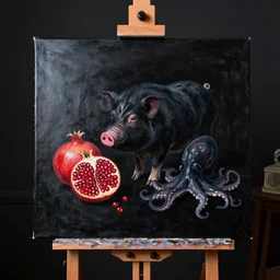 painting of a black painted canvas, on an easel in a dark room with black walls, pomegranate, a black pig, red gourd, black octopus, oil on canvas