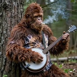 Bigfoot with matted fur wearing a tie dye shirt leaning up against a tree playing the banjo and smoking a joint