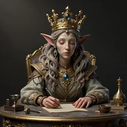 een demoon met een kroon zit bovenop een tafel, een karakterportret door vladimir kush, zbrush central wedstrijd winnaar, fantasie kunst, zbrush, dystopische kunt, rococo