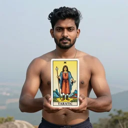 a homoerotic symmetrical tarot card of a muscular shirtless south indian mountaineer on a mountain peak holding a wooden staff. he is wearing a highland tartan kilt, cowboy hat, and boots. background is a golden sunrise mosaic. art deco, art nouveau. by raja ravi varma, by louis comfort tiffany, by albert bierstadt. trending on artstation.