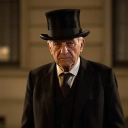 old man in a suit and top hat at night realistic