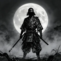 '2d design graphic a samurai in the night ,big white moon background , gloomy and foggy atmosphere, octane render, artstation trending, horror scene, highly detailded style of Moebius, black and white ink '