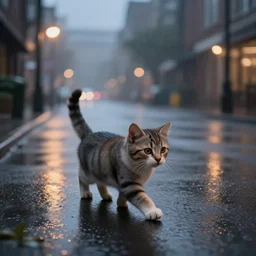 kitten walks the empty street in a rainy day, led lights around the place, digital painting, ultra detailed, unreal engine 5,