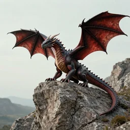 A half-dragon half-human perching on a rocky outcrop, wide shot photograph, Nature Magazine