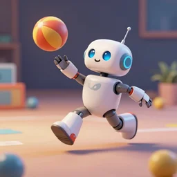 An adorable tiny robot playing with a ball, dynamic, energetic, colourful, exciting, by Ralph Horsley