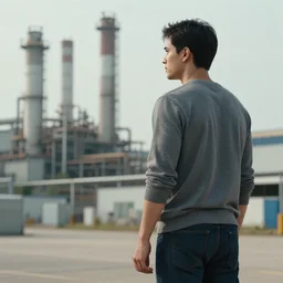 a guy in a grey shirt with long sleeves and wearing dark blue jeans, dark black hair and no visible facial hair at all looking in the distance to see a factory plotting something ( highly detailed, and cinematic movie shot, greatly illustrated, photo - realistic, hyperrealistic image, 4 k, uhd, good quality still frame photo )