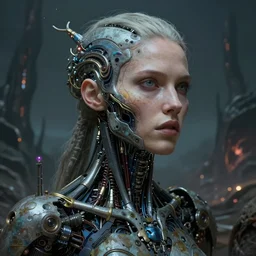 ultra realist intricate detailed portrait of an attractive female turning into a cyborg in an alien landscape, insanity, accurate features, apocalyptic, very intricate details, 8 k resolution, dim lighting, volumetric lighting, artstyle, zdzisław beksinski and keith thompson, award winning