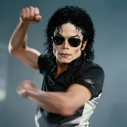michael jackson 2 0 0 9 wearing shades, this is it style, photo real, pores, motion blur, solo dancing sci - fi music video, by himself, heroic pose, real life, spotted, ultra realistic face, accurate, 4 k, movie still, uhd, sharp, detailed, cinematic, render, modern