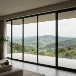 interior design photo of an apartment with glass walls overlooking a vast hilly landscape