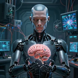 symmetric, a dark male android holding a brain and neurons, in a room full of wires and computers and neural networks, realistic face, zoomed out, sci - fi, ai, 4 k realistic, artem demura. alphonse mucha. rafael.