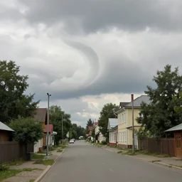 curved perspective digital art of a clowdy summer small town street, curvy clouds, by anton fadeev