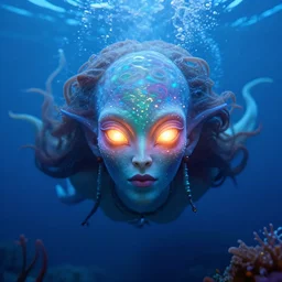 beautiful symmetric glowing face of a marine alien goddess diving