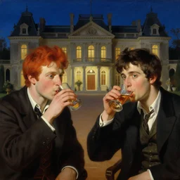 attractive male mike with ginger hair and attractive male tyler with brunet hair, drinking their hearts out, in their noble mansion, at night. highly detailed painting by gaston bussiere, craig mullins, donato giancola, j. c. leyendecker 8 k