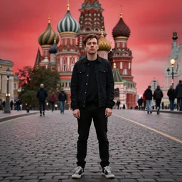 thom yorke standing in moscow street, full body, more details, red sky, super realistic,