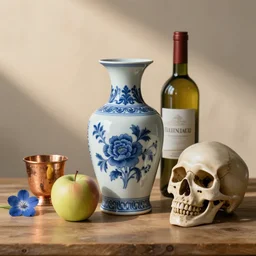 Realistic still lifes photo studio, porcelain vase, apple, blue flowers, bottle of wine, skull, copper cup, golden hour 8k,High definition, ultra detailed