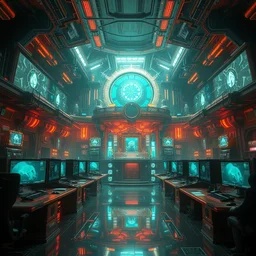 extremely beautiful high detailed long portrait of a solid interior scene with a temple of internet. by daniel f. gerhartz and artgerm and greg rutkowski. intricate details, sci - fi details, a lot of monitors, energetic mood, golden ratio composition, trending on artstation, volumetric lighting, 4 k, 8 k