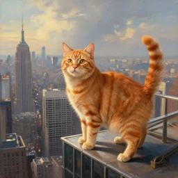 a fantasy painting of a orange tabby cat, standing on a skyscraper overlooking a vast city, 1 7 0 0's, cinematic, beautiful lighting, dramatic