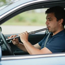 man playing flute while driving a car