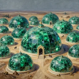 hyper detailed painting of giant domes made of brilliant, shining emerald, sprawling across majestic parched plains, by francisco goya and rembrandt, unsettling, mysterious, by stephan martiniere and alexander fedosav, hyperrealism, 8 k resolution, behance hd, artstation, nightcafe