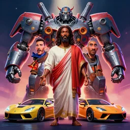 stylish caricature 3 d vfx drew struzan movie poster art of an african jesus christ surrounded giant mecha & sports cars, art style by james jean & hsiao - ron cheng, unreal engine render, digital illustration, sharp, intricate detail, volumetric lighting, ray tracing, soft light, neon, claymation style, ernie barnes style, symmetry, acrylic on canvas, pinterest, art