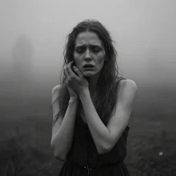 still from a homemade video of some despair as lars von trier would depict it, she is 2 3, skinny and beautiful and listens to oathbreaker, she is full of hatred, photo, black and white, the background is unsafe, insanely detailed, elegant and otherworldly, foggy like in norwegian black metal aesthetic
