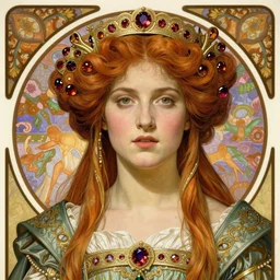 portrait, artwork by james jean, hyperdetailed realistic lithograph, beautiful medieval queen, jean delville, art nouveau, alexandrite, symbolist, visionary, alphonse mucha