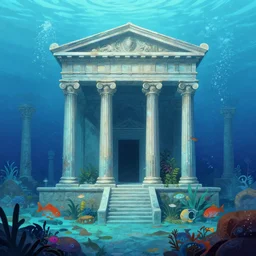 underwater sunken temple!!!, fish, palladian, doric, illustration, concept art, digital art, colorful, blue, detailed