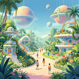 A beautiful illustration of a retro futurism hanging garden full of people walking the pathways on another world by Daniel merriam | sparth:.2 | Time white:.5 | Rodney Matthews:.3 | Graphic Novel, Visual Novel, Colored Pencil, Comic Book:.2 | unreal engine:.3