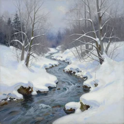 a painting of a winter scene with a stream, an airbrush painting by terry redlin, deviantart, fantasy art, oil on canvas, airbrush art, matte painting