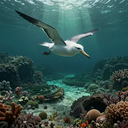 overhead the albatross hangs motionless upon the air and deep beneath the rolling waves in labyrinths of coral caves the echo of a distant time comes willowing across the sand and everything is green and submarine, hyper detailed, dramatic lighting, cgsociety, realistic, hyper detailed, insane details, intricate, dramatic lighting, hypermaximalist, golden ratio, rule of thirds, octane render, weta digital, micro details, ultra wide angle, artstation trending, 8 k,