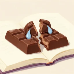 book illustration of a chocolate bar crying because he has been split in half, book illustration, monochromatic, white background, black and white image