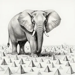 pen drawing of an elephant standing on hundreds of isosceles triangles