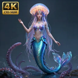 Full body photo of the most beautiful goddess, she has a jellyfish-phoenix head's and a siren body, some tentacles are aproaching by Tooth Wu, trending on Artstation, digital art, symmetrical artwork, cinematic, hyper realism, high detail, octane render, 4k, 8k