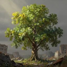 oak tree growing in the ruins of a city, post - apocalypse wasteland, gray dull background, colorful green leaves, hyperrealistic, very detailed leaves, sharp focus, highly detailed, cinematic, ray of golden sunlight, digital art, soft lightning, muted colors, cgssociety, artstation, oil painting by greg rutkowski, by artgerm, by wlop