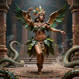 an immaculate render of a dancing aztek goddess adorned with leaves and cables and bird wings parts, dancing in a temple surrounded by wild tentacles made from mandalas and incense smoke, full body, perfect face, powerful, cinematic, beautifully lit, by artgerm, by karol bak, 3 d, trending on artstation, octane render, 8 k