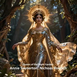 queen of the night garden by Annie Swynnerton and Nicholas Roerich, strong dramatic cinematic lighting , ornate headdress , flowing robes, lost civilizations, smooth, sharp focus, extremely detailed