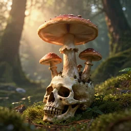 a beautiful render of a mushroom growing on a skull in a rainforest, sunset lighting, intricate detail, hazy, humid, volumetric lighting, god rays, 8 k, photorealistic, raytracing effects, unreal engine 5