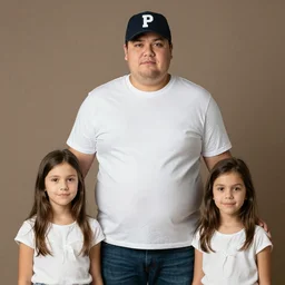 very obese man with a t-shirt and a cap with the letter P, with his brunette wife and two daughters