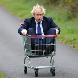 Boris Johnson sitting inside a shopping-cart sliding downhill a very steep road, anatomically correct, directed open gaze, symmetrical face