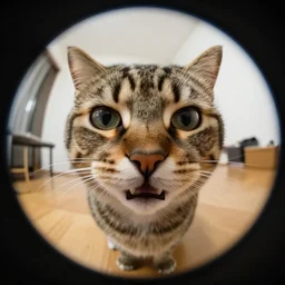fisheye view of a super angry cat