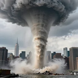 water tornado in new york, powerful, destruction, ultra realistic photorealistic, highly detailed, sharp focus