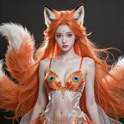 prompt A beautiful portrait of a white red orange kumiho, translucent silky dress, a bra in the shape of peacock feathers, close up front view, long clumpy hair in the shape of fox tail, backlit, concept art, matte painting, by Peter Mohrbacher