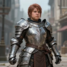 portrait, a female dwarven warrior wearing iron breastplate, dragon age, short and chubby plump figure, big nose, highly detailed, sharp focus, in the city, full rendered, trending on artstation by john willian waterhouse