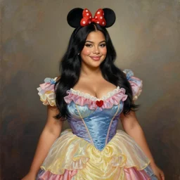 beautiful thirty year old woman with long black hair, tan skin, curvy hourglass figure, round cute face, slight resemblance to selena gomez and demi lovato wearing a colorful frilly disney princess dress and mickey mouse ears. she has a friendly smile. beautiful painting by artgerm and greg rutkowski lois van baarle and bouguereau