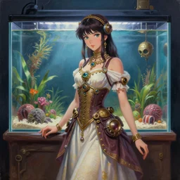 middle eastern scifi princess in a planted aquarium, wearing a lovely dress with steampunk elements. this oil painting by the award - winning mangaka has an interesting color scheme and impeccable lighting.